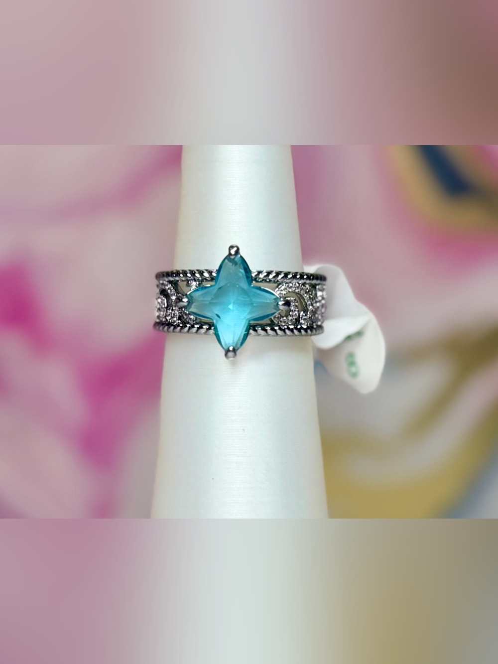 Bomb Party New OG Ring- Clover -Artic Blue Topaz, Size 8 -RG15886